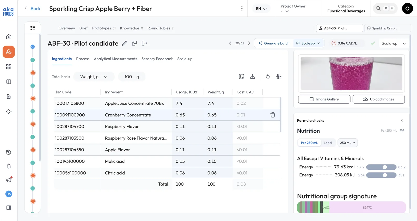 Ingredients, usage and cost, with formula checks on every edit.